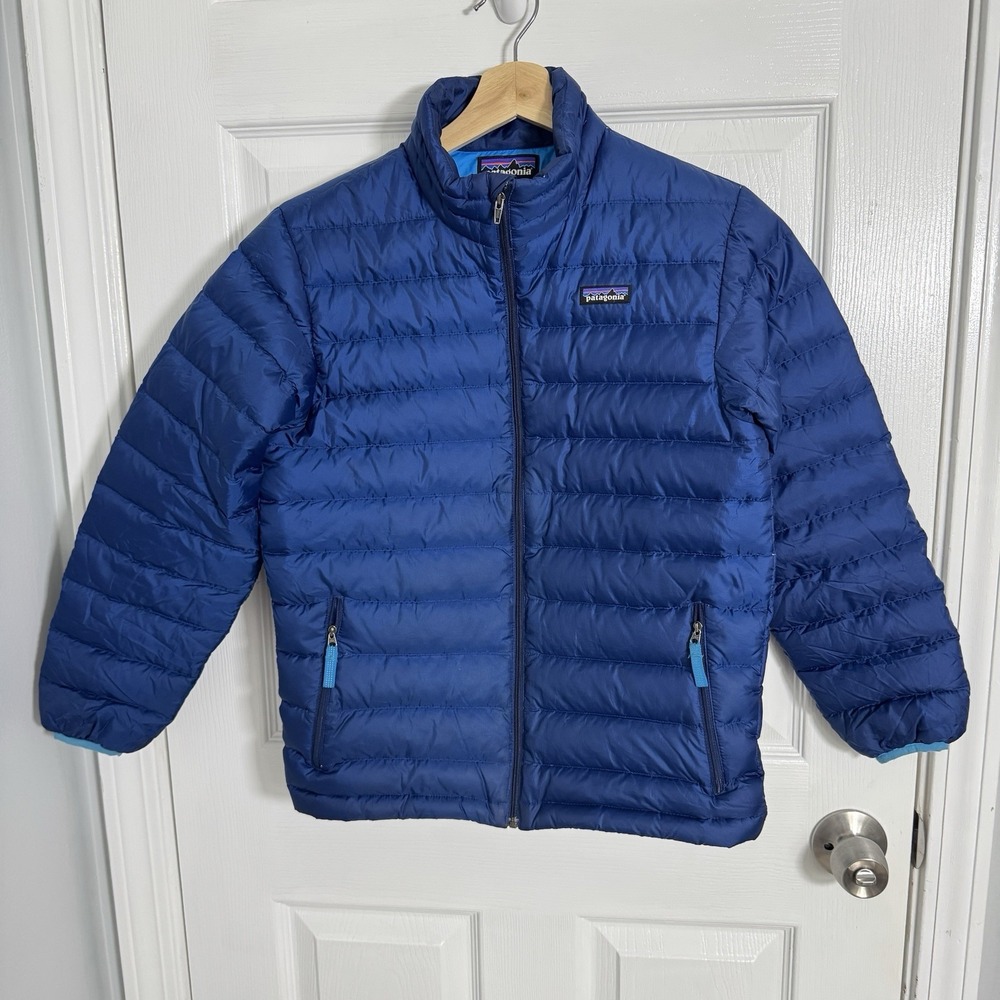Patagonia Boys L 12 Down Sweater Puffer Jacket Blue Lightweight Full Zip